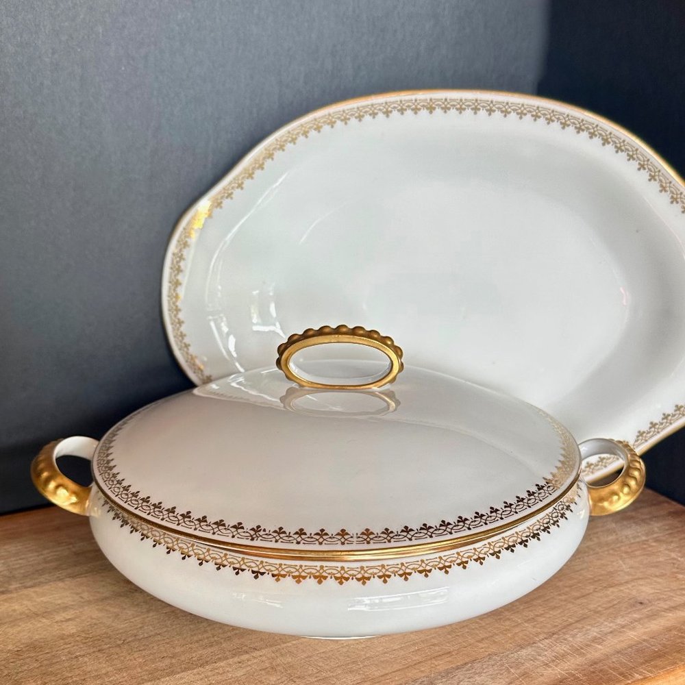 A. Lanternier & Co. Limoges France Vegetable Serving Bowl W/Lid and Platter Set